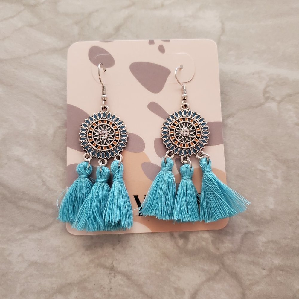 ✨ 3 for $25 Blue Taupe Enamel Rhinestone Tassels Drop Dangle Earrings ✨